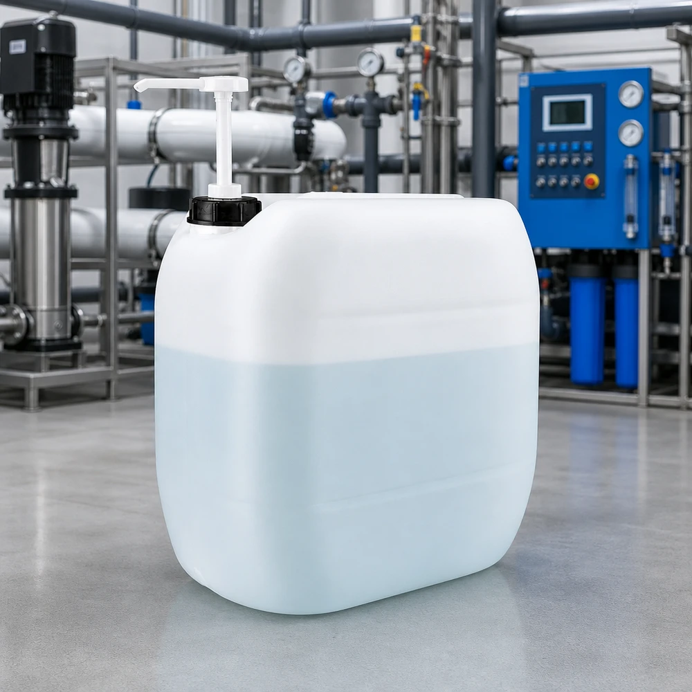 Jerrican de 30 litres avec pompe doseuse Réservoir carré en plastique de 30 litres équipé d'un dispositif de pompage, situé en amont d'une station de traitement de l'eau