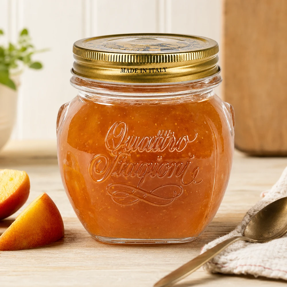 Verre rond 300ml « Quattro Stagioni » avec couvercle 300ml Quattro Stagioni Rundglas mit goldenem Deckel gefüllt mit Marmelade auf Holztisch neben Orangenscheiben