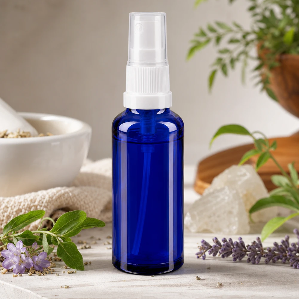 Verre vaporisateur bleu cobalt muni d'un pulvérisateur à pompe blanc, devant un mortier et des pierres minérales naturelles