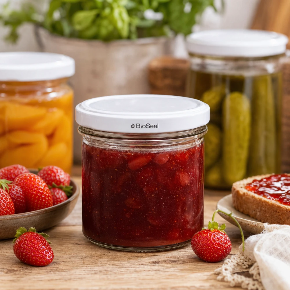 125ml Verre conique avec couvercle BioSeal blanc UNiTWIST UNiTWIST Pot renversé 125ml Confiture de fraises faite maison TO66 blanc Couvercle BioSeal Mise en conserve