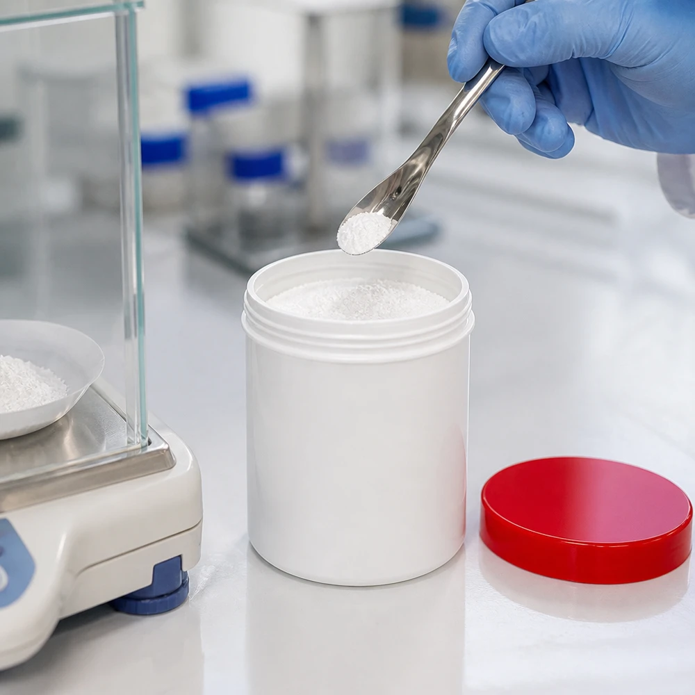 Cruche à col large de 300 g, blanche avec un couvercle rouge, à côté d'une balance d'analyse dans un laboratoire pharmaceutique