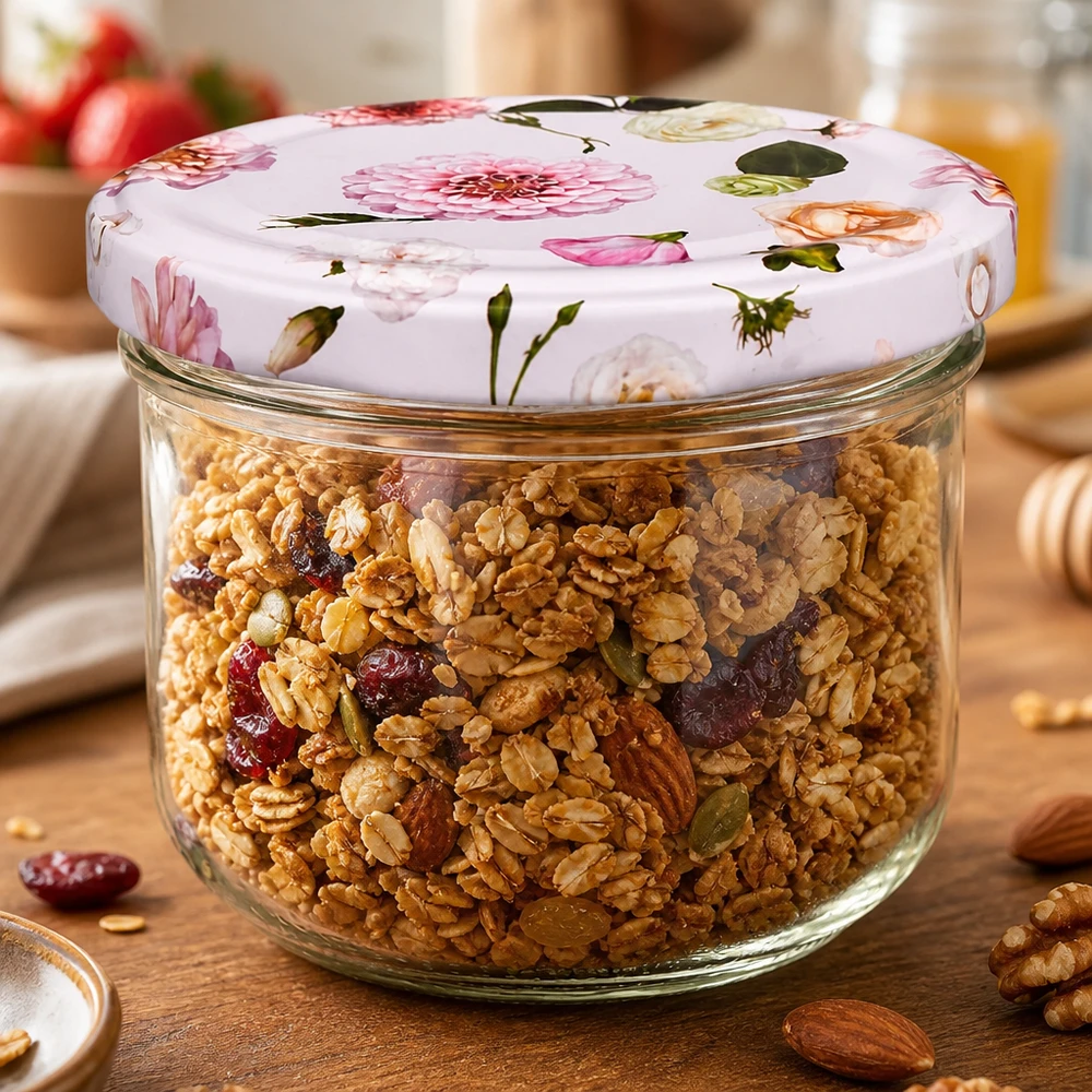 Verres de 260 ml + couvercle BasicSeal fleur rose UNiTWIST Pot à provisions 260ml avec couvercle rose à fleurs rempli de céréales et de noix - rangement pratique pour la cuisine