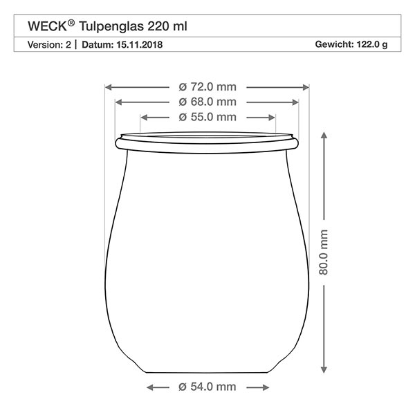 Lot de 12 pots Weck 220 ml pots tulipe avec 12 couvercles en verre WECK Pot tulipe 220ml RR60 dessin technique avec dimensions, diamètre et hauteur en millimètres