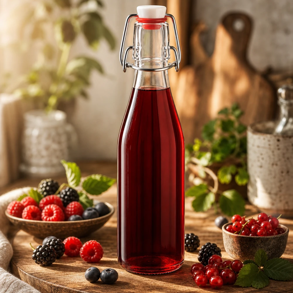 Bouteille en verre de 250 ml + bouchon mécanique PVC UNiTWIST Bouteille en verre de 250 ml avec bouchon à étrier remplie de jus de baies rouges, entourée de baies fraîches dans une cuisine rustique