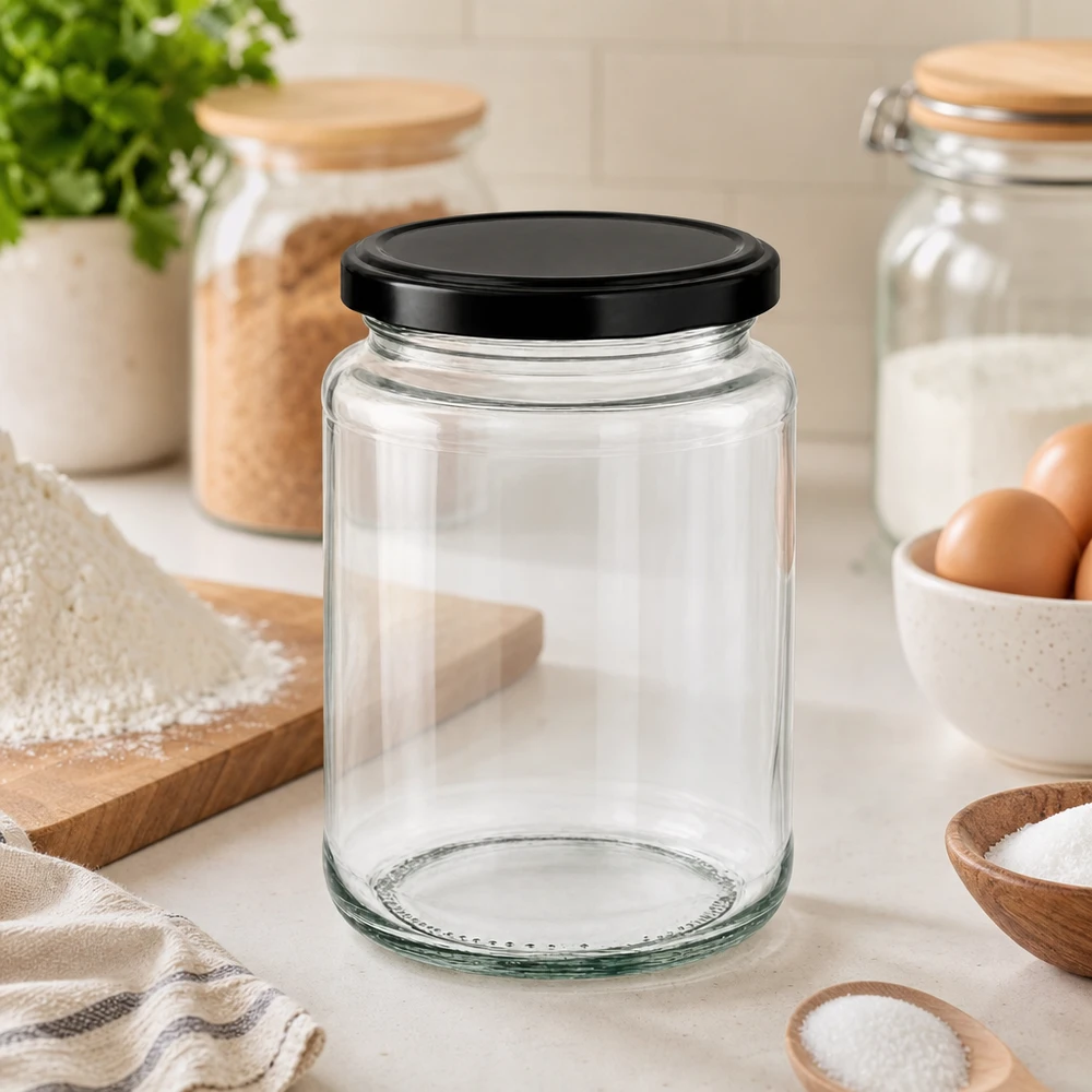 382ml Verre rond avec couvercle BasicSeal noir UNiTWIST Bocal rond de 382ml avec couvercle BasicSeal noir dans une cuisine moderne entre les bocaux à provisions, les œufs et les ustensiles de cuisine