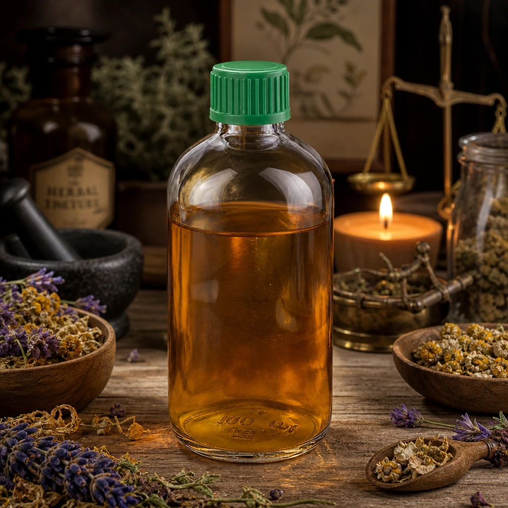 Flacon de pharmacie ClearLine UT18 de 100 ml avec bouchon à vis vert, contenant des herbes séchées