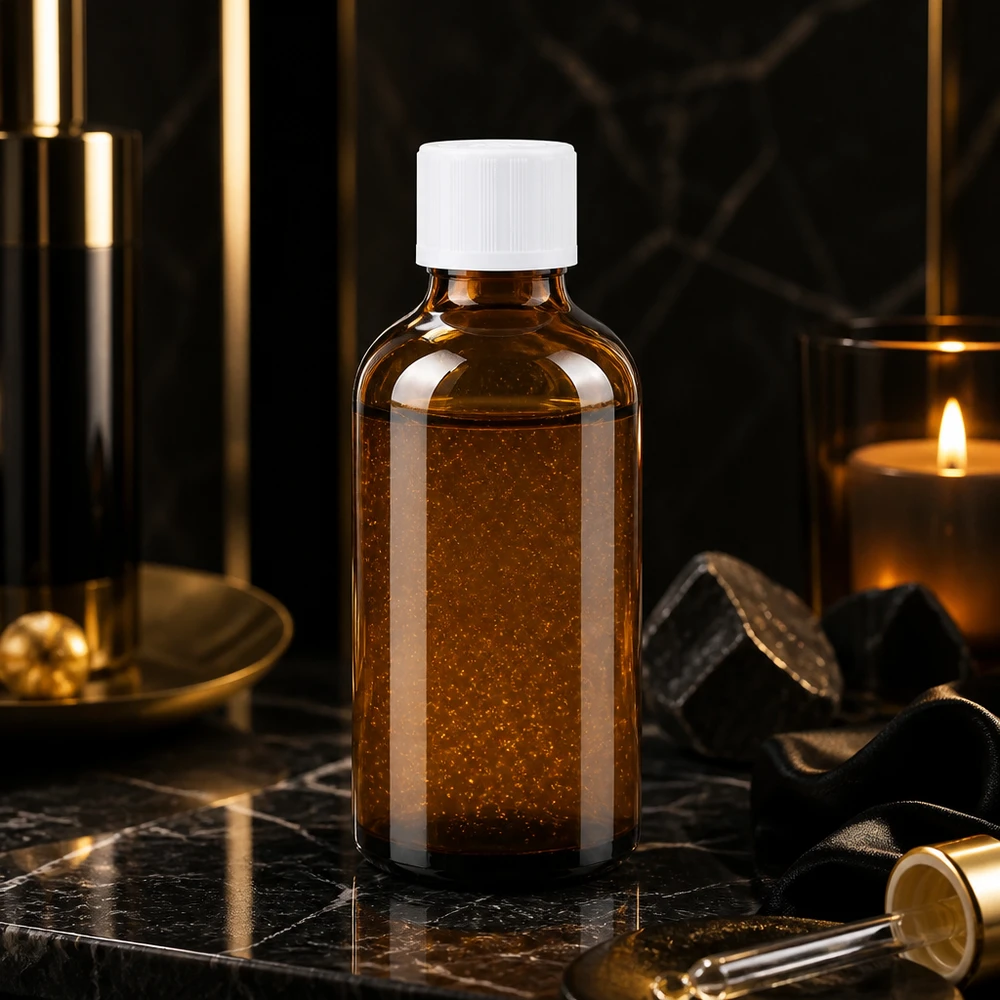 Flacon compte-gouttes de 50 ml de couleur ambre, au contenu chatoyant, muni d'un bouchon KiSi blanc et d'une décoration dorée