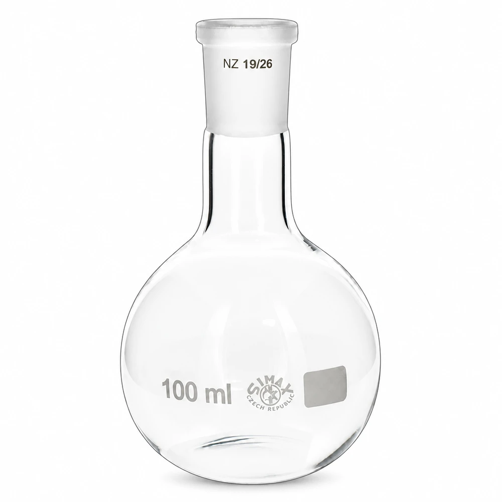 Ballon à fond plat 100 ml à col étroit, en verre borosilicate avec rodage normalisé 19/26 Ballon en verre 100ml avec rodage standard NS 19/26 - résistant à la chaleur pour la distillation et les réactions