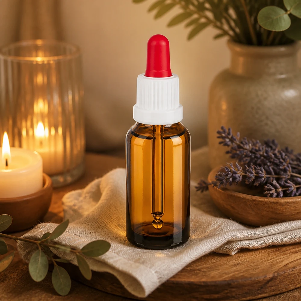 20ml flacon à pipette blanc/rouge OV BrownLine UT18/20 Flacon compte-gouttes de 20ml avec verre brun protégeant de la lumière idéal pour les huiles naturelles et les produits cosmétiques DIY