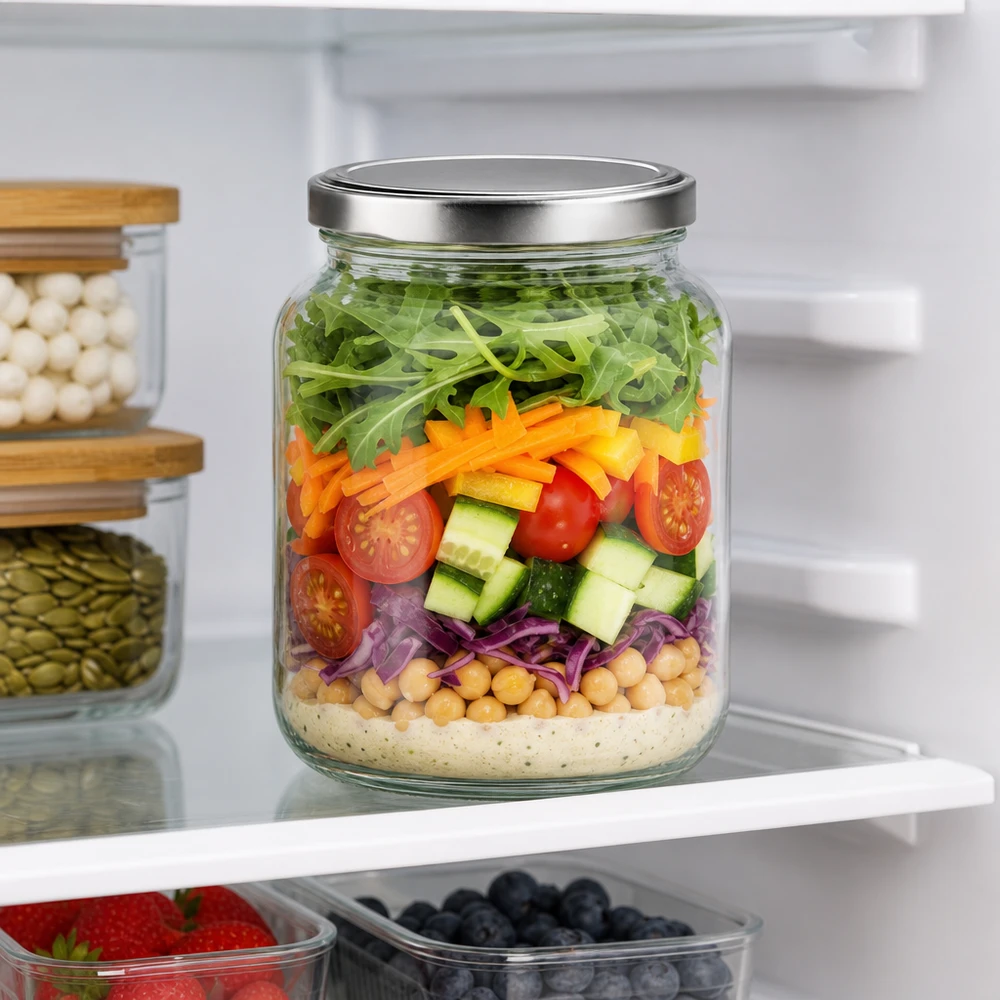 370ml Verre ovale avec couvercle BasicSeal argent UNiTWIST Pot ovale de 370 ml avec couvercle BasicSeal comme salade Meal Prep au réfrigérateur avec des couches de salade et des ingrédients frais