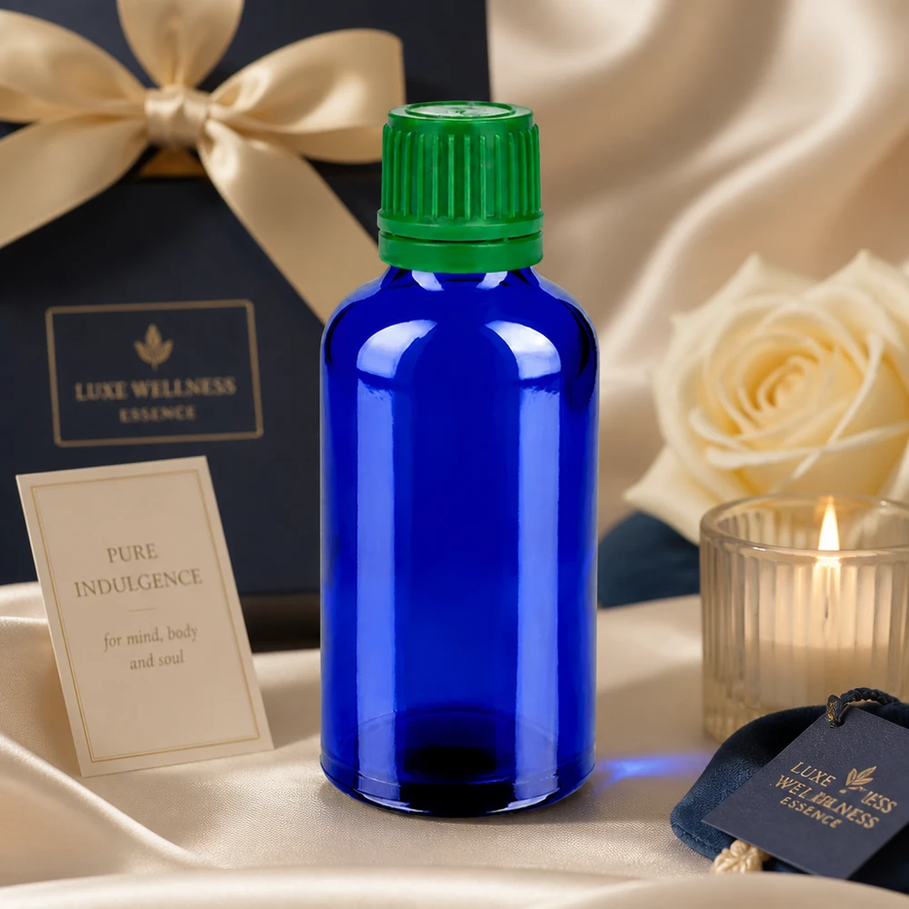 Flacon 50ml 11mm SV vert OV BlueLine UT18/50 Bouteille professionnelle de 50 ml en bleu cobalt avec bouchon vert pour les mélanges d'aromathérapie