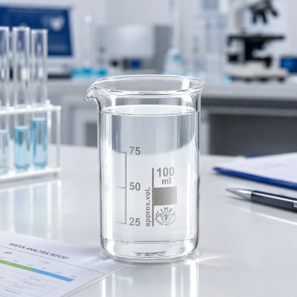 Bécher 100ml en verre borosilicate résistant à la chaleur (forme haute) Verre-mesure transparent de 100 ml, de forme haute, rempli d'eau distillée dans un environnement de laboratoire professionnel