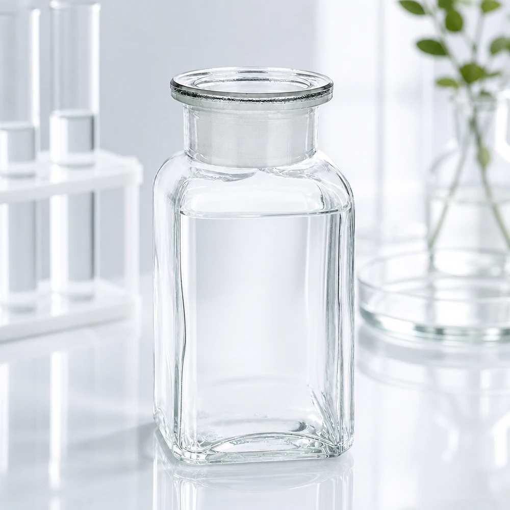 Flacon carré col large 100 ml + bouchon RIN, verre clair Lot de flacons de laboratoire comprenant un flacon carré en verre transparent de 100 ml à col large et muni d'un bouchon en verre étanche