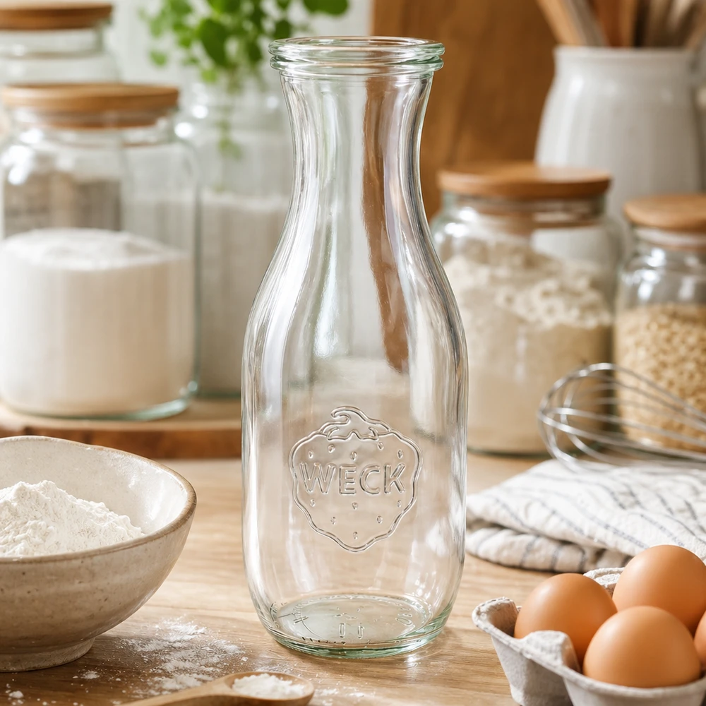 WECK Bouteille de jus de fruit 1062ml vide dans la cuisine avec des ingrédients de boulangerie farine œufs et bocaux à provisions sur plan de travail en bois