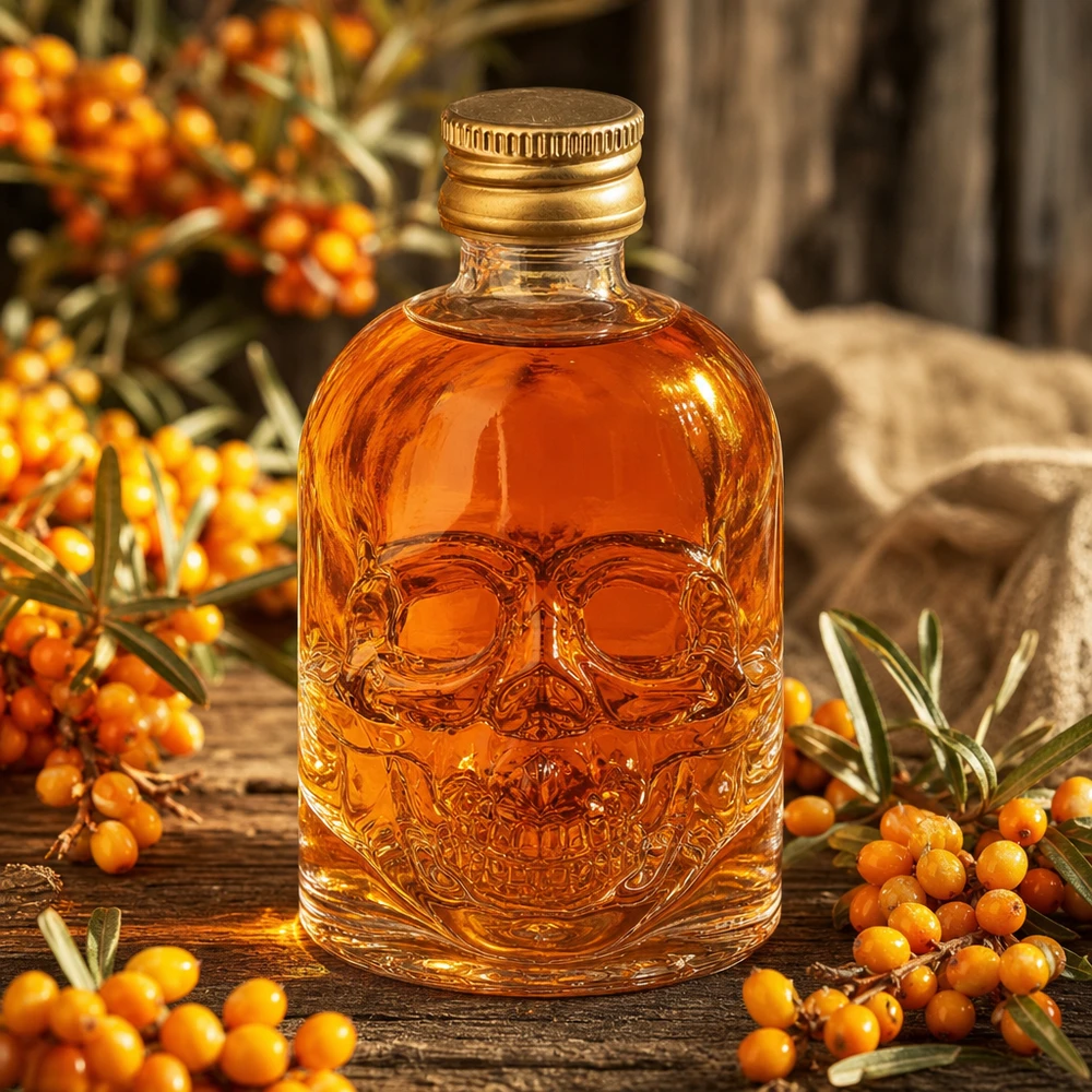 Bouteille en verre 50 ml « Hector » et bouchon à vis doré UNiTWIST® Bouteille en verre Hector de 50 ml avec relief de tête de mort et contenu ambré parmi des baies d'argousier sur une table en bois