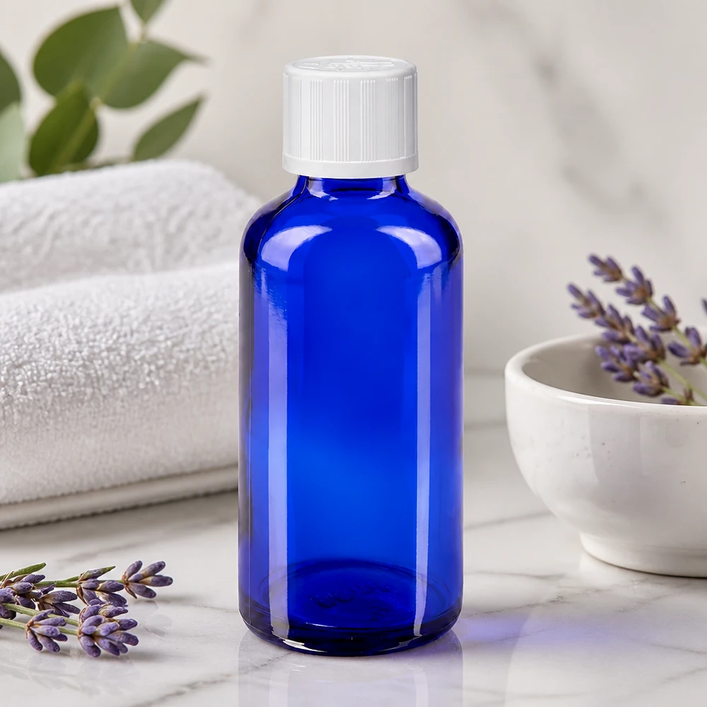 Flacon en verre bleu de 50 ml avec bouchon standard à sécurité enfant blanc, dans un décor de spa