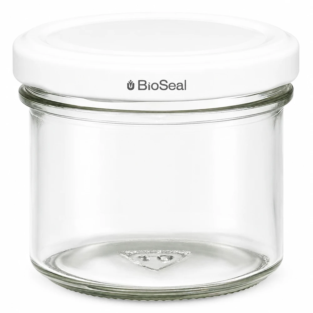 125ml Verre conique avec couvercle BioSeal blanc UNiTWIST UNiTWIST Pot renversé 125ml avec couvercle blanc TO66 BioSeal Pot de confiture transparent