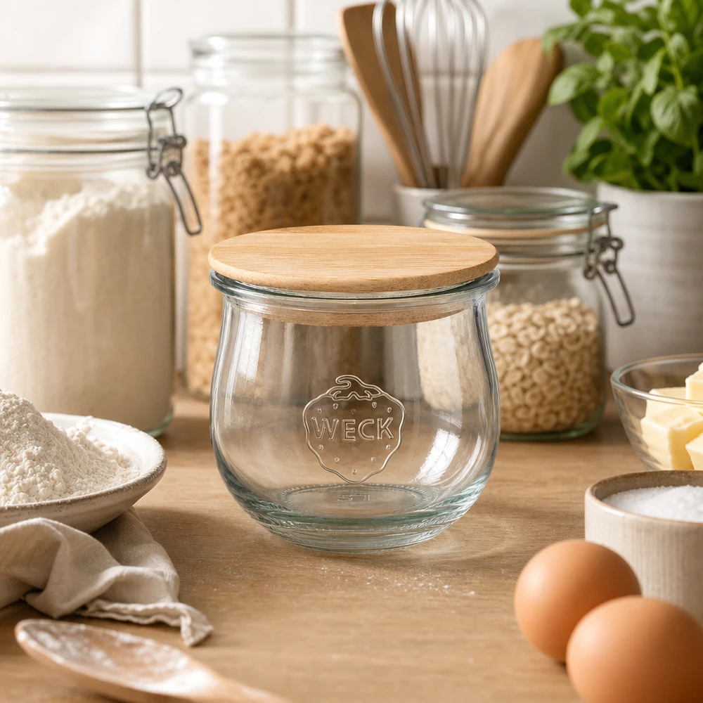 370ml bocal tulipe WECK RR80 avec couvercle en bois WECK Pot tulipe 370ml RR80 avec couvercle en bois arrangé dans une cuisine moderne entre les bocaux à provisions et les ingrédients de cuisson