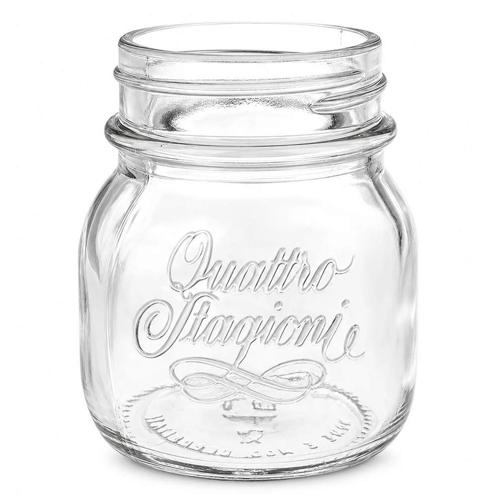 Pot de conserve Quattro Stagioni de 150 ml en verre transparent avec inscription en relief et filet à visser