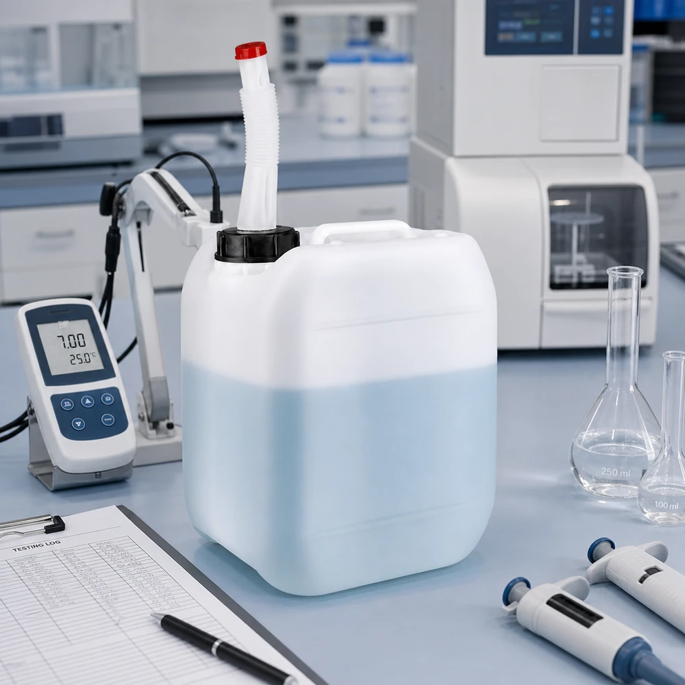 Bidon 5 litres avec tuyau d'écoulement Flex Bidon en plastique transparent de 5 litres muni d'un bec verseur flexible, posé sur un plan de travail de laboratoire
