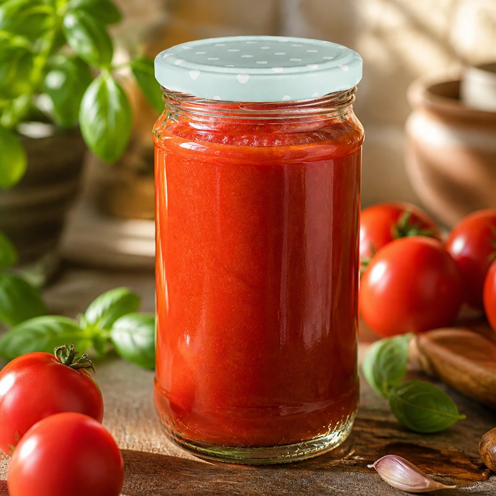Sauce tomate dans un bocal rond en verre UNiTWIST de 370 ml, muni d'un couvercle BasicSeal à pois de couleur menthe, à côté de tomates fraîches