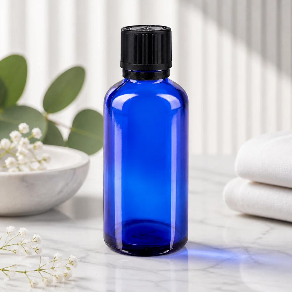 Flacon de pharmacie bleu cobalt de 50 ml avec bouchon à l'épreuve des enfants, dans un cadre de bien-être raffiné