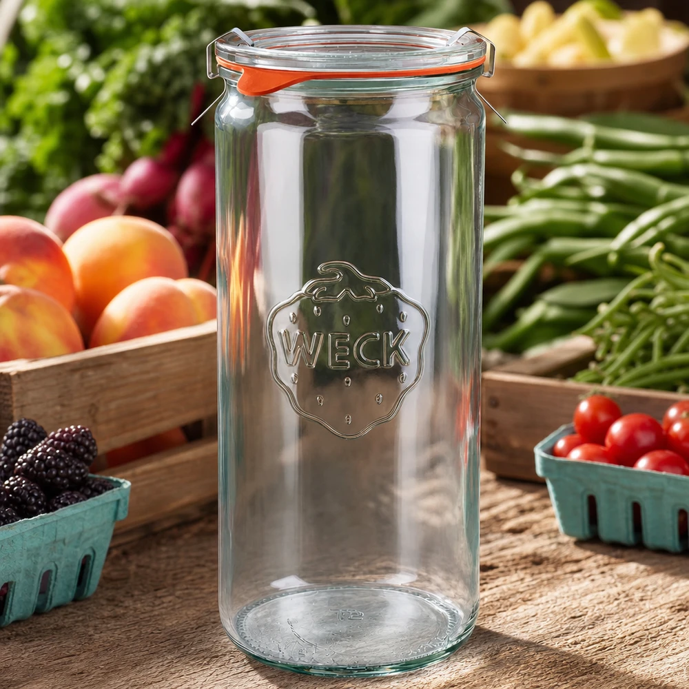 WECK 1040ml pot cylindrique RR80 set complet sur table en bois avec légumes frais fruits et herbes dans un environnement naturel