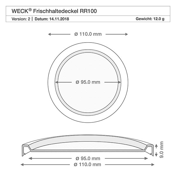Bocal en verre de 370 ml avec couvercle hermétique WECK RR100 Dessin technique WECK Couvercle de conservation RR100 avec dimensions 110mm et 95mm de diamètre pour pot à kouglof
