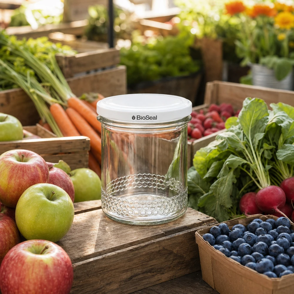 Un pot de miel vide de 400 ml avec couvercle BioSeal entre les fruits et légumes frais montre une utilisation polyvalente
