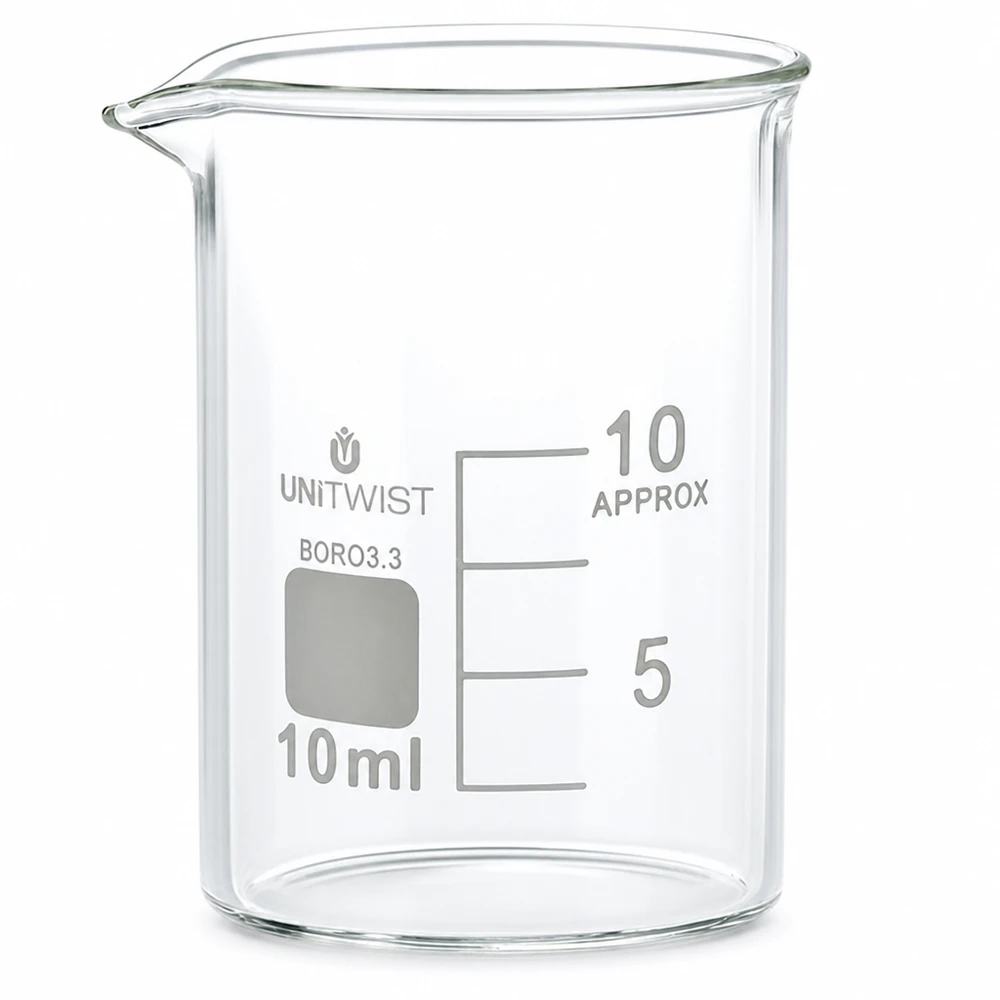Bécher 10ml borosilicate, forme basse UNiTWIST Bécher transparent en borosilicate de 10 ml, muni d'une graduation allant jusqu'à 10 ml et d'un marquage blanc