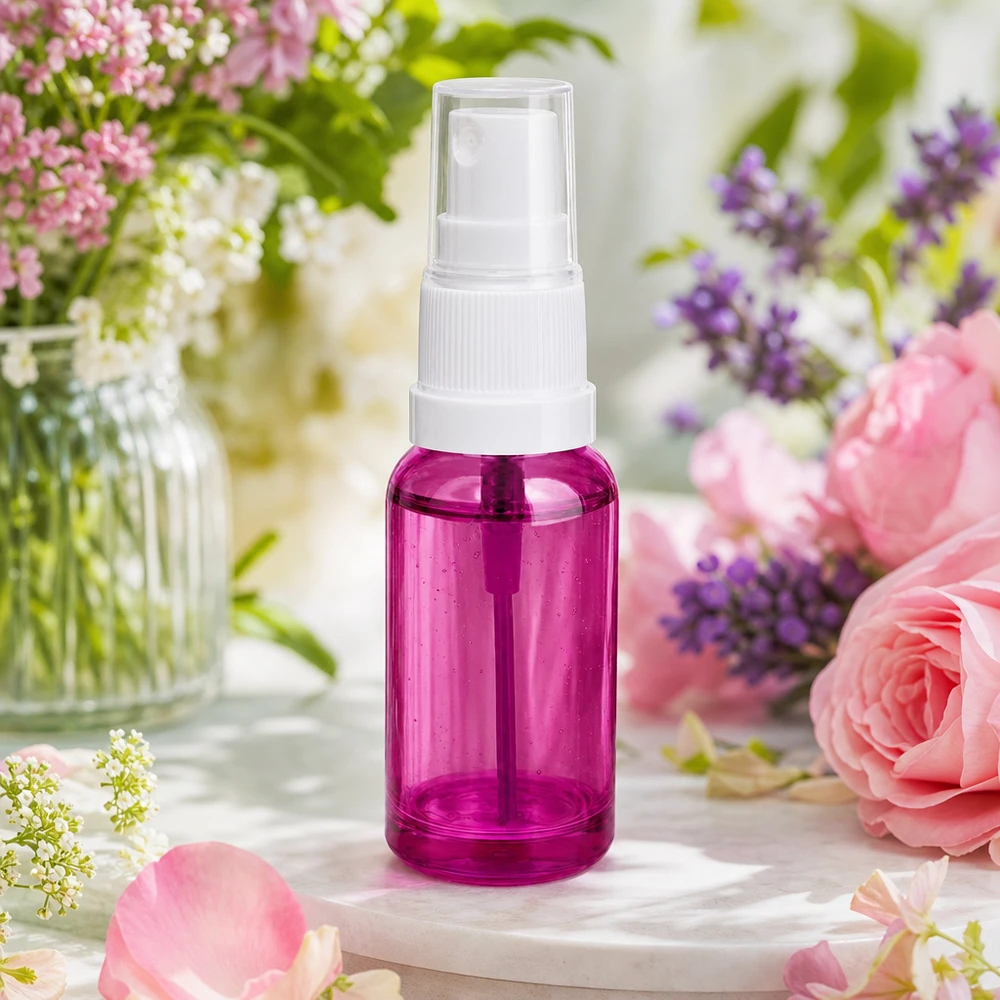 Vaporisateur 20ml blanc/transparent Standard PurpleLine UT18/20 Vaporisateur maniable de 20 ml avec filetage standard UT18/20 et corps de bouteille violet transparent