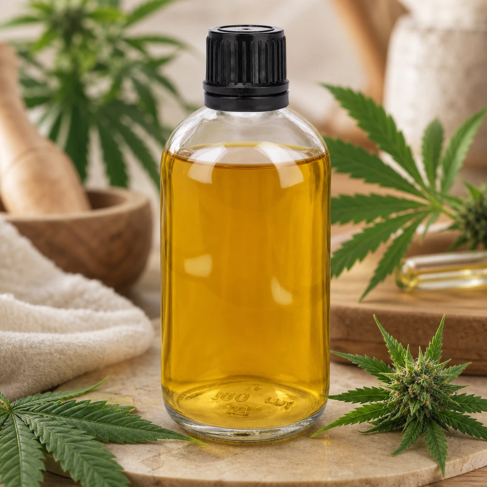 Flacon de 100ml (globule). 3mm GR s. STD ClearL. UT18/100 Flacon en verre transparent de 100 ml rempli d'huile de CBD, entouré de feuilles et de fleurs de cannabis