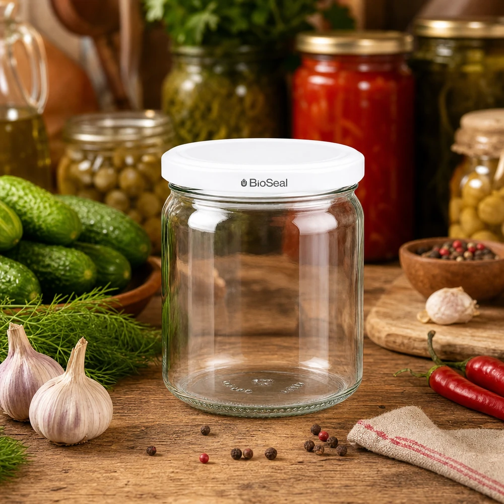 408ml Verre rond avec couvercle BioSeal blanc UNiTWIST UNiTWIST Runda408 Einmachglas in rustikaler Küchenszene mit frischen Kräutern und Gewürzen - vielseitiges Vorratsglas