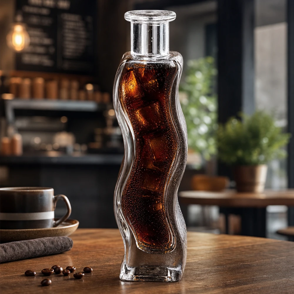 Flacon en verre « Melissa » 100 ml sans bouchon UNiTWIST® Bouteille en verre Melissa 100ml remplie de boisson au cola et de glaçons dans une ambiance de café moderne sur une table en bois