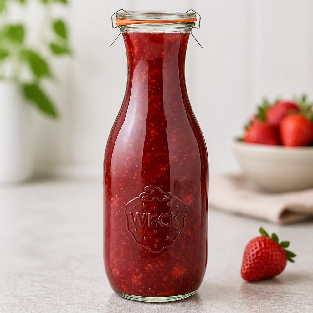 WECK Bouteille de jus de fruit 1062ml RR60 remplie de confiture de fraise montre le logo en relief et le détail du bouchon à étrier