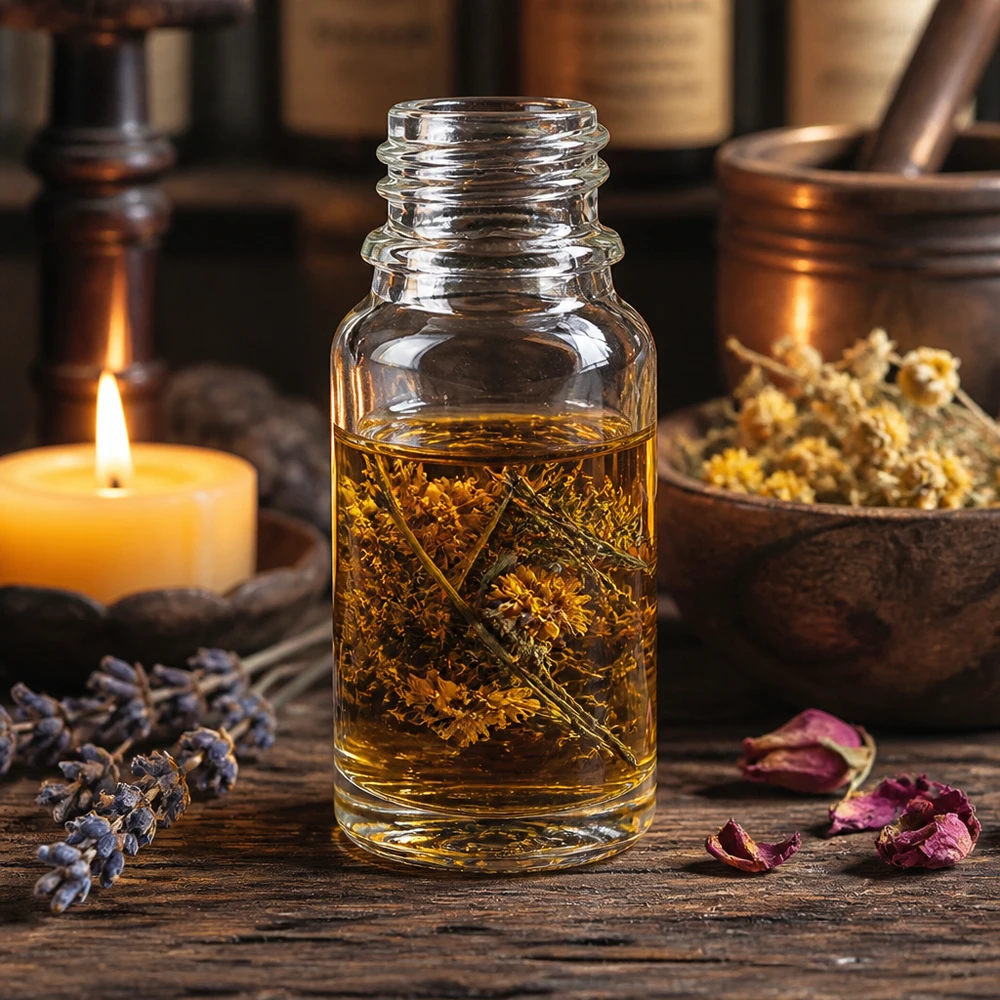 Flacon à pharmacie 10ml ClearLine DIN18 UNiTWIST Flacon en verre transparent de 10 ml contenant des herbes et des fleurs séchées dans une huile aux herbes dorée