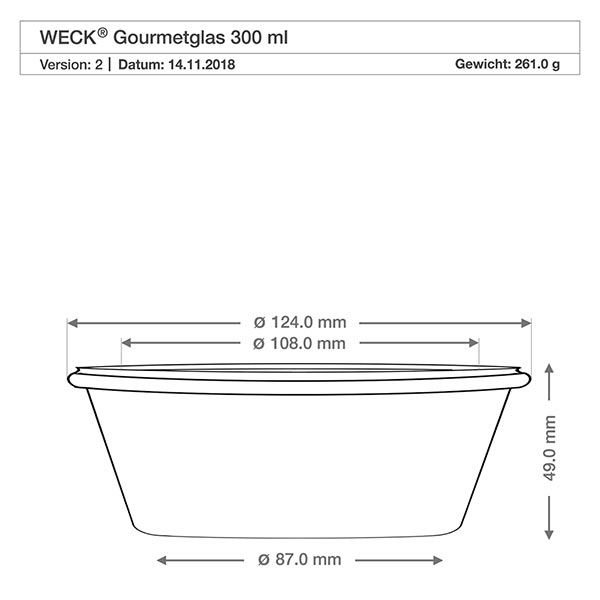 Bocal en verre gourmet WECK RR120 de 300 ml Dessin technique WECK RR120 Verre à gourmet 300ml avec dimensions Diamètre 124mm 108mm 87mm Hauteur 49mm