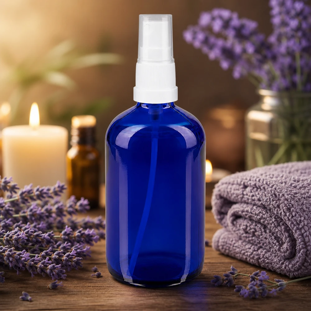 Flacon pulvérisateur en verre bleu cobalt de 100 ml, au design élancé, muni d'un diffuseur à brume fine, destiné aux huiles essentielles et aux hydrolats