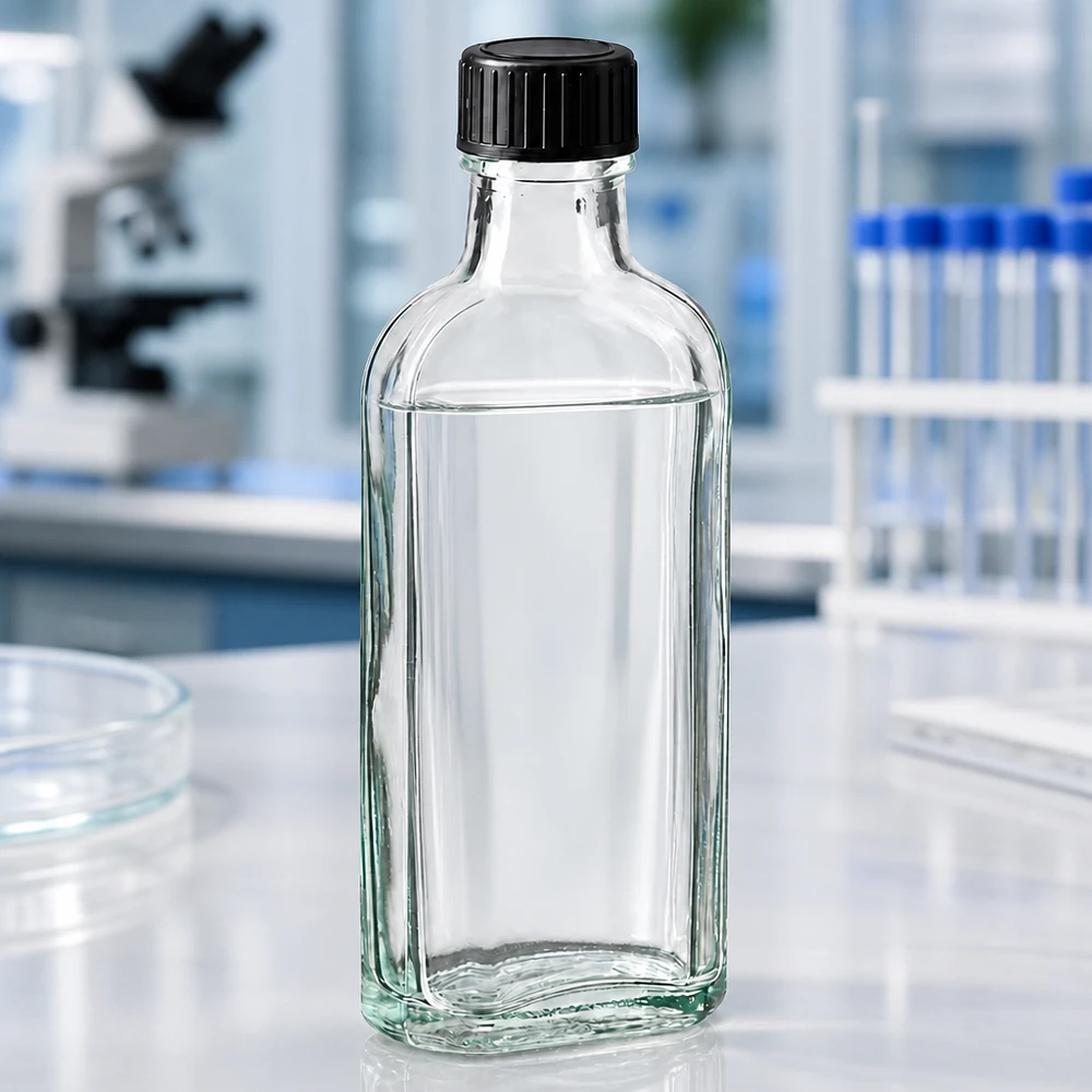 Flacon Meplat transparent de 100 ml avec un joint en EPE, posé à côté de boîtes de Pétri sur une paillasse blanche