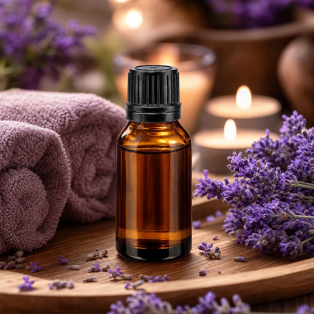 Flacon en verre ambré de 15 ml avec anneau verseur noir pour huiles essentielles, dans une ambiance spa
