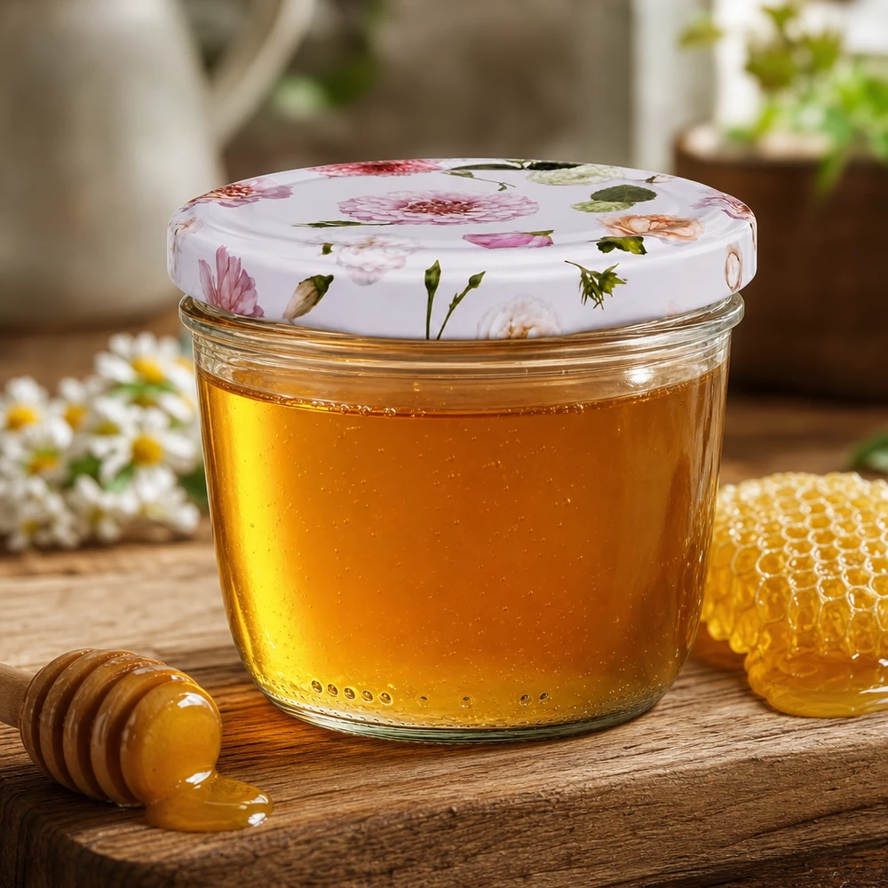 Verres 230 ml + couvercle BasicSeal rose... 230ml pot renversé rempli de miel BasicSeal couvercle motif floral pot de miel en nid d'abeille et dipper en bois cuisine