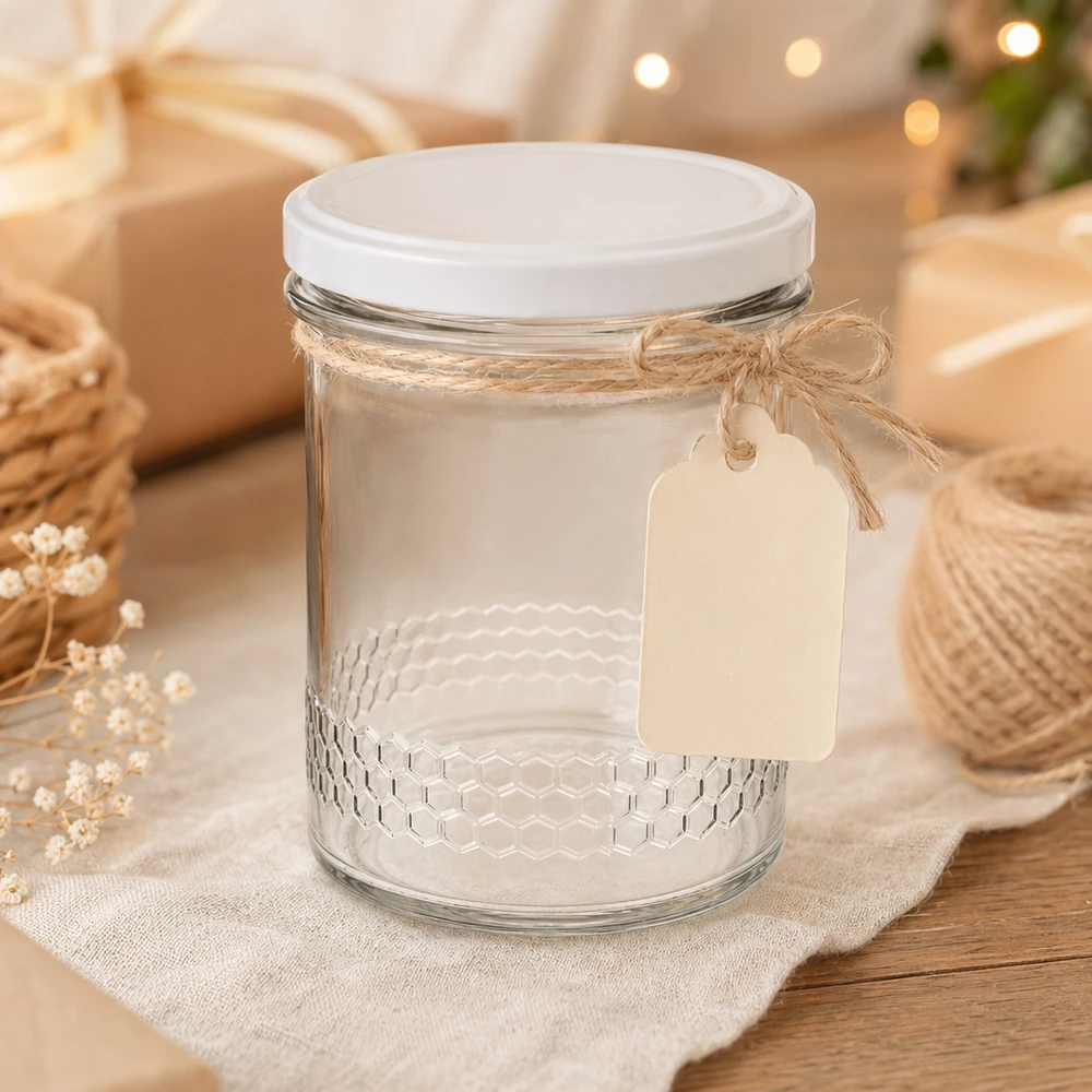 Pot de miel de 400 ml avec corde de jute et étiquette cadeau décoration rustique BasicSeal couvercle blanc système UNiTWIST