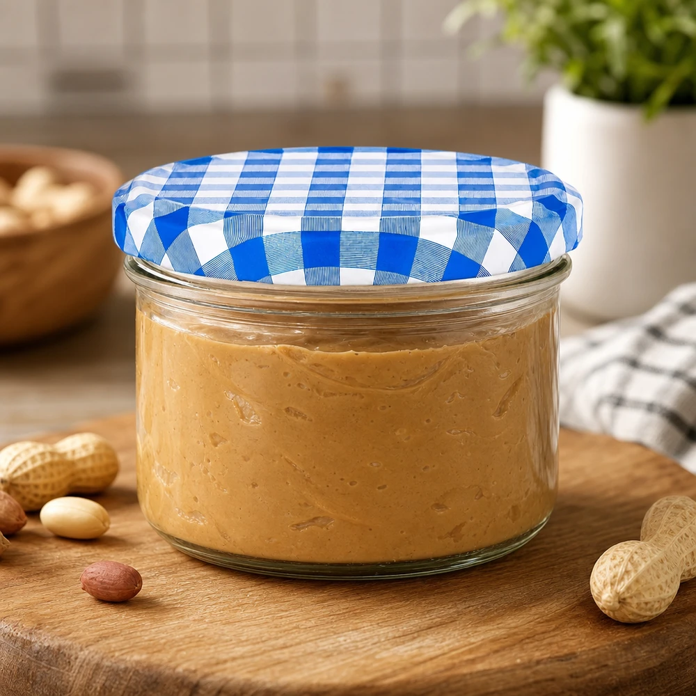 Beurre de cacahuètes en pot cylindrique de 230ml avec couvercle BasicSeal bleu-blanc, conservation du beurre de cacahuètes, planche en bois décorative