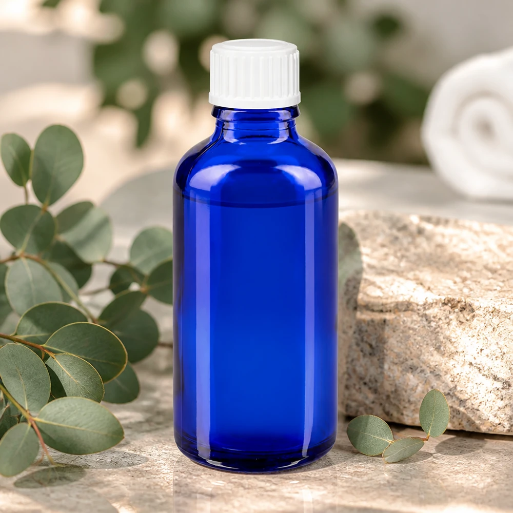 Flacon de pharmacie bleu 50ml bouchon vissable blanc standard Flacon en verre bleu de 50 ml pour huiles essentielles, avec protection anti-UV et bouchon blanc standard de 11 mm
