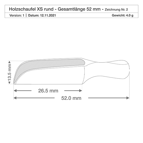 Pelle en bois taille XS forme semi-circulaire - 52mm de long Detailzeichnung der kompakten Holzschaufel XS mit 3,5mm Tiefe - ideal für Gewürzdosierung in der Küche