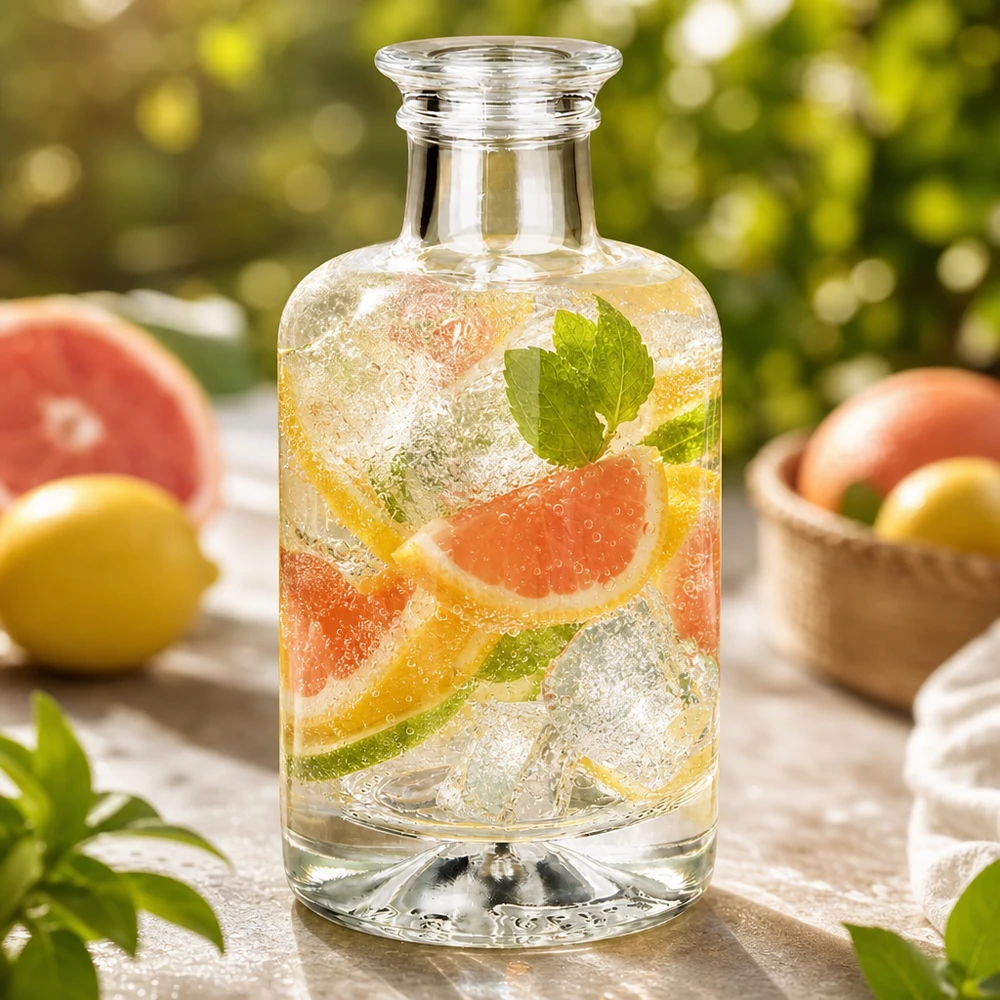 Flacon à pharmacie « Sofia » 100 ml sans bouchon UNiTWIST® Bouteille en verre Sofia de 100 ml remplie d'eau infusée au pamplemousse et à la menthe et de glace ambiance extérieure aux agrumes