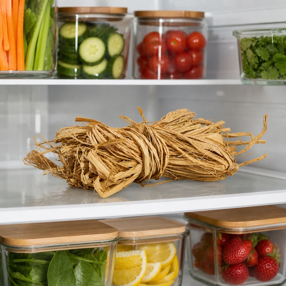 Raphia naturel 30g beige doré stocké dans le réfrigérateur à côté des légumes montre un stockage pratique pour le matériel de bricolage