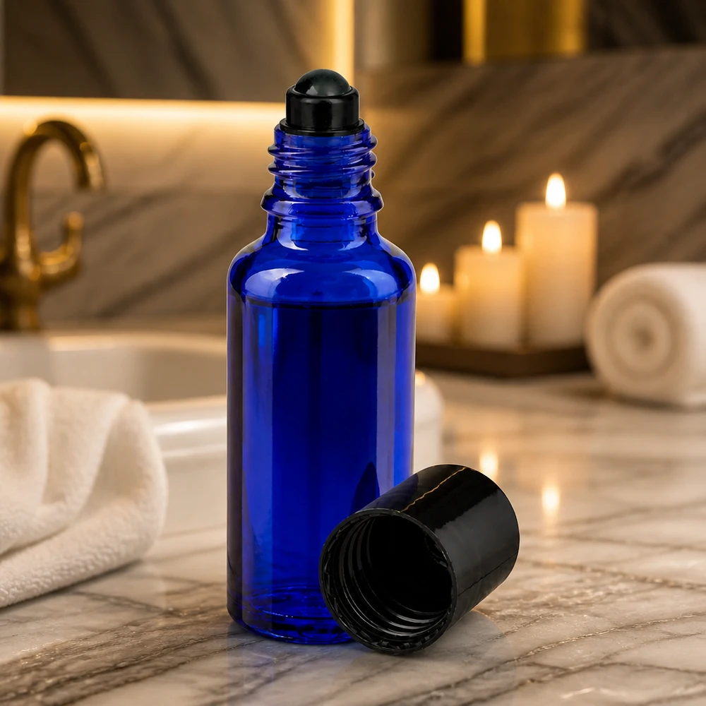 Flacon en verre bleu de 30 ml avec bouchon à vis noir et applicateur à bille, sur fond de marbre