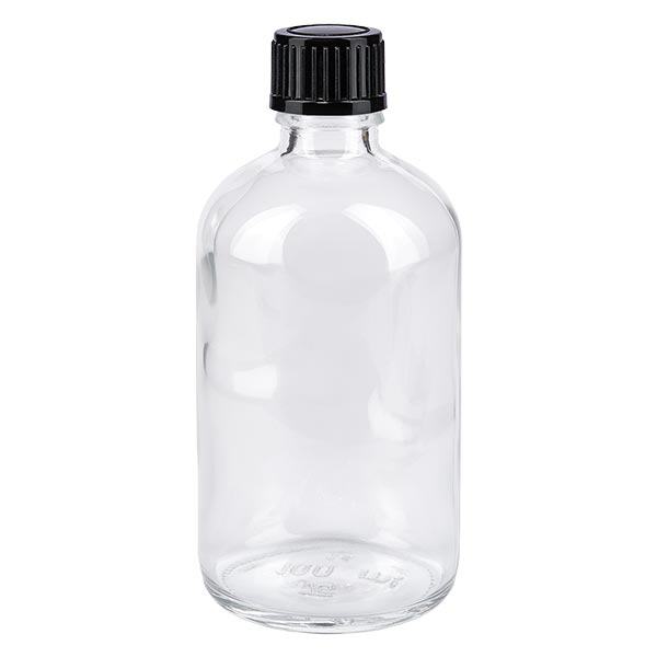 Flacon de pharmacie clair 100ml bouchon compte-gouttes 1mm noir std Flacon de pharmacie clair 100ml bouchon compte-gouttes 1mm noir std