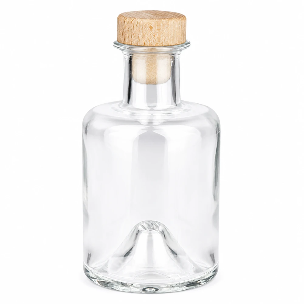 Flacon à pharmacie « Sofia » 200 ml avec bouchon en bois UNiTWIST® Bouteille en verre 200ml Sofia avec bouchon à poignée en bois UNiTWIST transparent vide Photo produit sur fond blanc